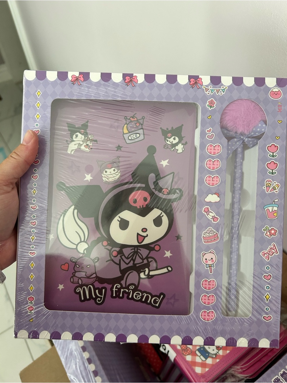 4/$100 Sanrio Kuromi Lavender Notebook & Fluffy Pom-Pen Set